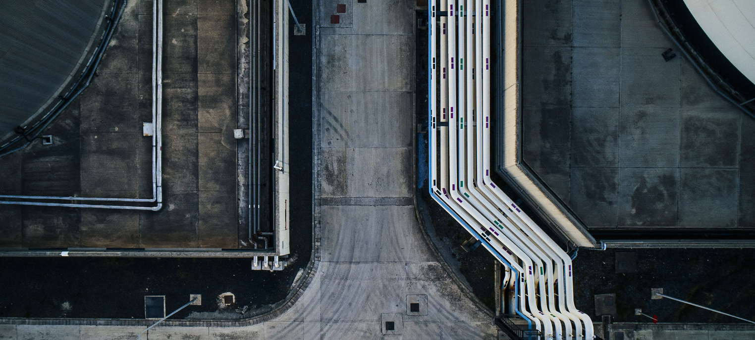 Road paved with pipes. Drone shooting.