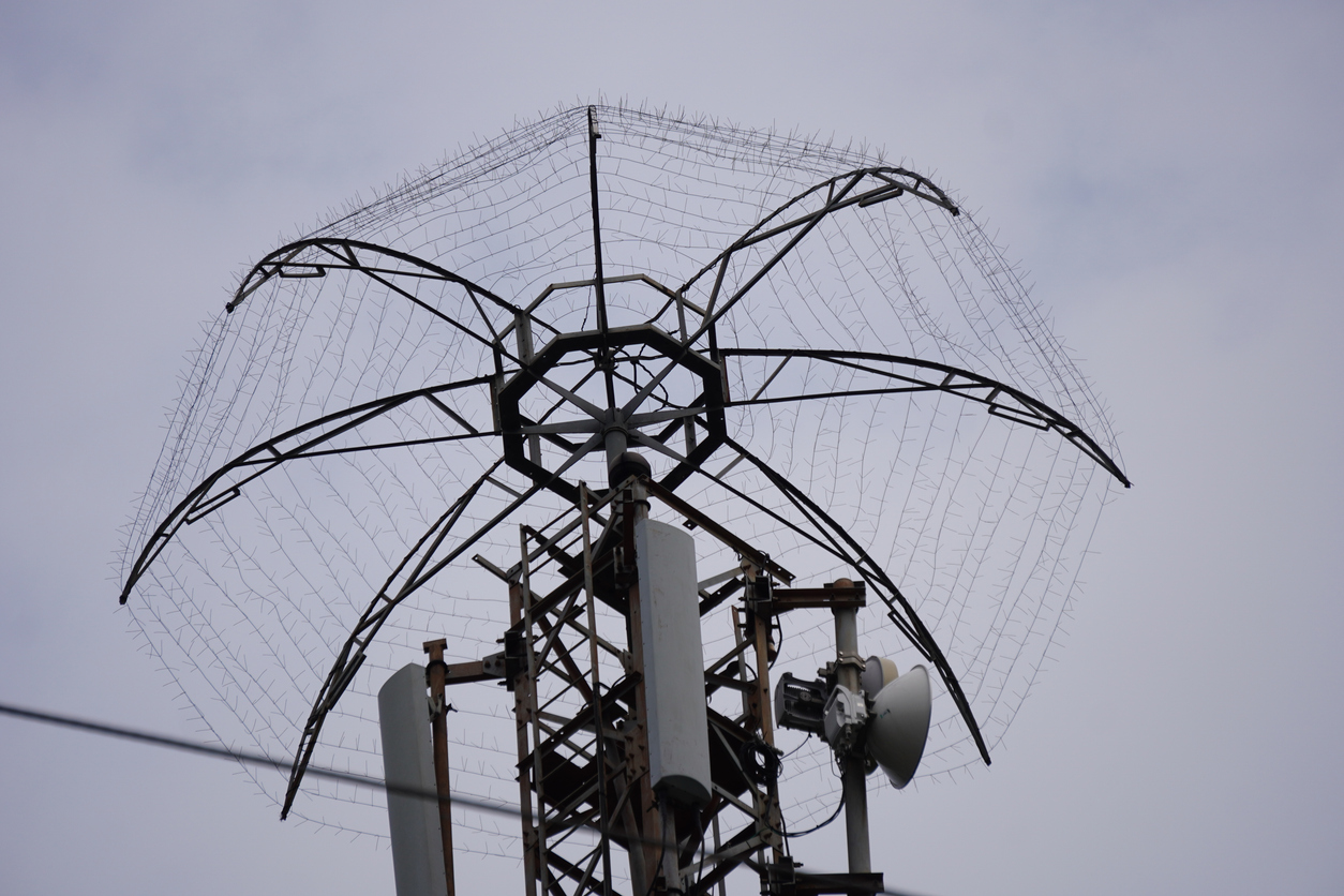 A lightning protection system, specifically a lightning rod or air terminal, mounted on top of a telecommunication tower